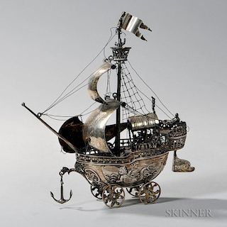 German .800 Silver Nef, Hanau, late 19th/early 20th century, Nereshimer & Sohne, maker, the single mast ship with upper remov