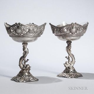 Two German .800 Silver Compotes, probably Hanau, early 20th century, lacking maker's mark, each reticulated with a foliate sc