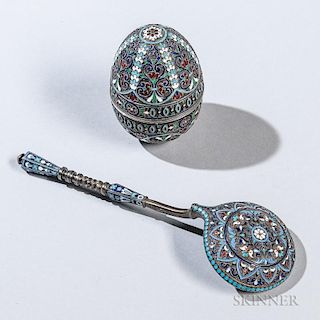 Two Russian Silver and Cloisonne Enamel Items, each bearing maker's marks "GK," each with blue and red cloisonné enamel, an 