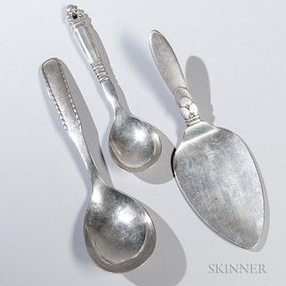 Three Georg Jensen Silver Serving Pieces, Denmark, an "Acorn" pattern hollow-handled serving spoon, c. 1925, lg. 8 5/8, "Cact