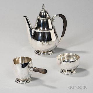 Three-piece Georg Jensen Sterling Silver Coffee Service, Denmark, c. 1930, pattern no. 34, comprised of a coffeepot, cream ju