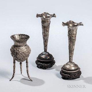 Three Pieces of Chinese Export Silver, all with a chrysanthemum motif, two vases with flutter rims and wood bases, ht. 7 1/8,