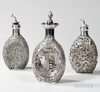 Three Chinese Export Silver-mounted Pinch Bottles