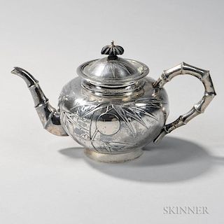 Chinese Export Silver Teapot, early 20th century, maker's mark "CJ," with bamboo motif to a stippled ground, ht. 6 1/4 in., a