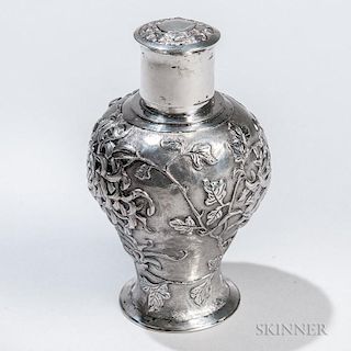 Chinese Export Silver Tea Canister, early 20th century, Luen Wo, maker, urn-form with chrysanthemums to a chased ground, ht. 
