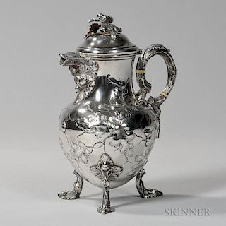 Jones, Ball & Co. Coin Silver Hot Water Pot, Boston, c. 1850, with an acorn and oak leaf finial and faux bois stem extending 