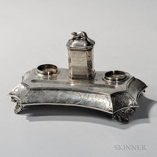 Silver-plated Ink Stand, possible Canada, 19th century, lacking hallmarks, the stand with a pen rest and central lidded compa