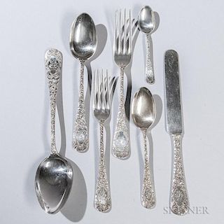 Gorham Sterling Silver Flatware Service, Providence, late 19th century, the bright cut engraved pattern with flowerheads and 