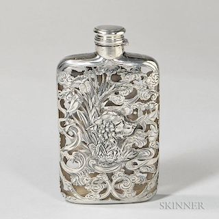 Gorham Sterling Silver-mounted Glass Flask, Providence, late 19th century, typical form with a hinged lid, monogram to one si