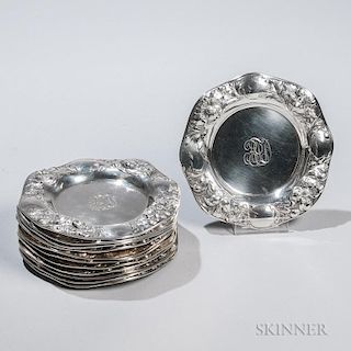 Twelve Gorham Sterling Silver Bread Plates, Providence, early 20th century, monogrammed, with poppy motif to rim, dia. 6 5/8 