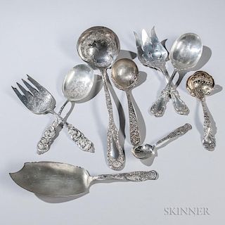Nine Pieces of American Sterling Silver Flatware, monogrammed, two Knowles "Rose" pattern pieces, a pair of Reed & Barton sal