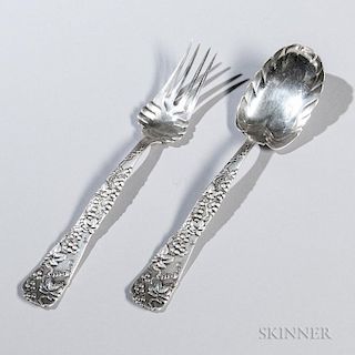 Tiffany & Co. "Vine" Pattern Sterling Silver Serving Spoon and Fork, monogrammed, each in with the grapevine motif, lg. 8 3/4
