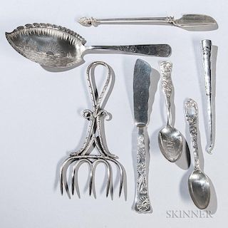 Six Pieces of American Silver Flatware, all with engravings or monograms, two Tiffany & Co.: "Chrysanthemum" pattern teaspoon
