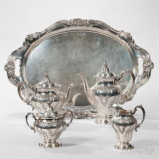 Five-piece Gorham "Chantilly" Pattern Sterling Silver Tea and Coffee Service, Providence, c. 1950, teapot, coffeepot, creamer