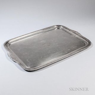 Tiffany & Co. Silver-plate Tray, New York, 20th century, with a gadrooned rim and central engraved monogram, lg. 27 in.