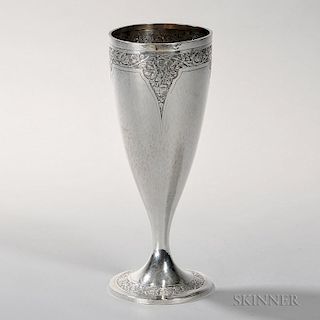 Marcus & Co. Sterling Silver Vase, New York, 20th century, the hammered surface with chased rose motif to rim, ht. 12 3/8 in.