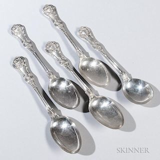 Five Tiffany & Co. "English King" Pattern Sterling Silver Spoons, four serving spoons, lg. 8 1/2, and a soupspoon, lg. 7 7/8 