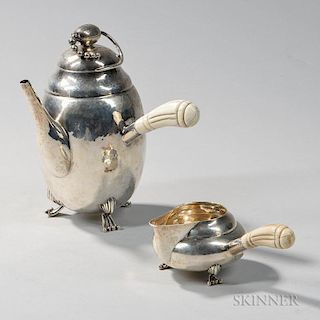 American Sterling Silver Coffeepot and Creamer, late 20th century, unknown maker's mark, each in the Jensen style, the coffee
