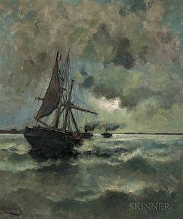 Arvid Claes William Johanson (Swedish, 1862-1923), Moonlight Sea with Sailing and Steam Vessels, Signed, inscribed, and dated