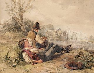 British School, 19th Century, Two Boys at Rest in a Field, Signed indistinctly along the brim of the upturned hat l.r., Condi