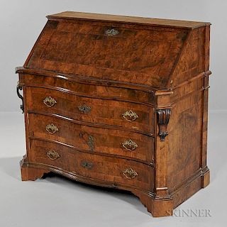 Italian Rococo-style Fruitwood Burlwood Slant-lid Desk, 19th century, molded top over hinged lid, inlaid interior with four s