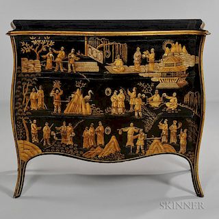 Italian Chinoiserie-style Commode, 20th century, ebonized with gilt decoration of figural and landscape scenes, serpentine to