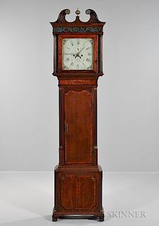 George III Oak Tall Case Clock, England, early 19th century, broken scroll pediment and brass finial over eglomise frieze, ro