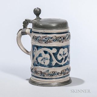 Westerwald Stoneware Tankard, Germany, 18th century, round hinged pewter lid over cylindrical body with incised and applied b