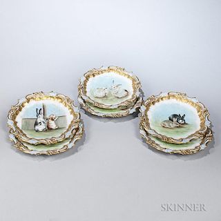 Six Limoges Porcelain Plates Depicting Rabbits, France, late 19th/early 20th century, white ground with polychrome decoration