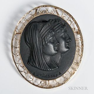Wedgwood Black Basalt Brooch, England, late 18th century, 14kt gold mounted oval with titled portrait of Antony and Cleopatra
