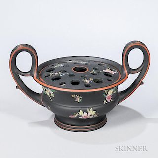 Wedgwood Enameled Black Basalt Crater Urn and Covers, England, early 19th century, upturned loop handles to a circular bowl p