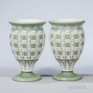Pair of Wedgwood Tricolor Jasper Dip Diceware Vases, England, c. 1800, light green jasper dip to a white ground with applied 