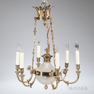 Neoclassical-style Brass and Glass Six-light Chandelier