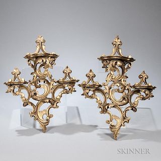 Two Rococo-style Giltwood Wall Brackets, each with foliate scrolls, center shaped shelf above two smaller shelves, ht. 20 1/2