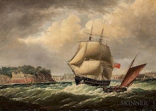 Thomas Lyde Hornbrook (British, c. 1808-1855), Royal Navy Vessel in Plymouth Sound, Signed "T.L. Hornbrook" l.c., Condition: 
