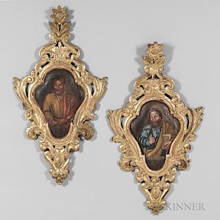Pair of Italian Baroque-style Painted Oval Panels Depicting Saints, 20th century, in carved giltwood frames, panel, ht. 13, o