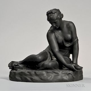 Wedgwood Black Basalt Figure Nymph at Well, England, c. 1860, modeled as a scantily clad maiden holding a shell, impressed ti
