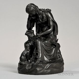 Wedgwood Black Basalt Figure of Laurence Sternes's Poor Maria, England, c. 1855, modeled by Edward Keys as a woman seated wit