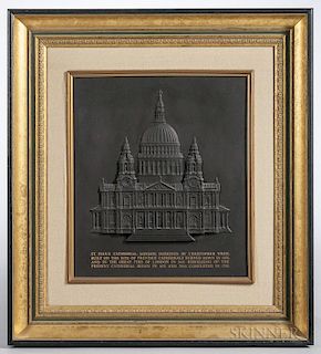 Modern Wedgwood Black Basalt Plaque of St. Paul's Cathedral, England, 1972, rectangular form with gilt printed history below 