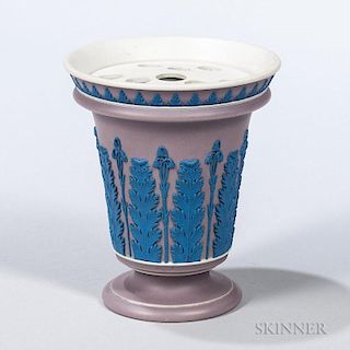 Wedgwood Lilac Ground Stoneware Vase and Cover, England, early 19th century, applied blue acanthus and bellflower decoration,