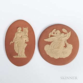 Two Wedgwood Rosso Antico Medallions, England, early 19th century, each with applied caneware classical figures in relief, an
