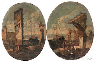 Venetian School, 18th Century Style, Pair of Capriccio Landscapes, Unsigned., Condition: Lined, retouch, paint losses, surfac