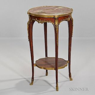 Louis XVI-style Marble-top Side Table, the round top with bronze mounts raised on slender cabriole legs joined by a lower she