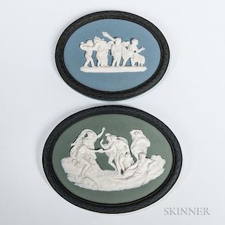 Two Wedgwood Tricolor Jasper Bert Bentley Plaques, England, 20th century, each oval self-framed in black and with white class