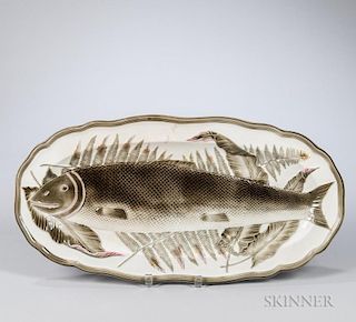 Wedgwood Argenta Majolica Fish Platter, England, 1879, oval shape with molded fish form set atop foliage, decorated in brown 