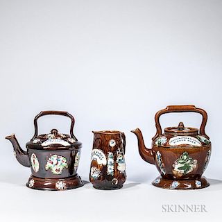 Three Measham Bargeware Items, England, late 19th century, probably Derbyshire, each with polychrome enamels to floral relief
