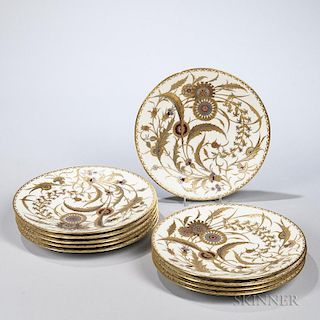 Ten Mintons Hand-painted China Service Plates, England, 1881, ivory ground with raised gold, platinum, and enamel decoration,