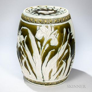 Wardle Majolica Garden Seat, England, late 19th century, barrel shape with raised white floral and foliate decoration to a gr
