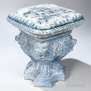 Tin Glazed Earthenware Garden Seat, Continental, 19th century, top with blue and white architectural scene encircled by rope 