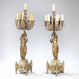 Pair of Seven-light Figural Bronze Candelabra, late 19th century, signed "Rancoulet" to reverse, electrified, after models by
